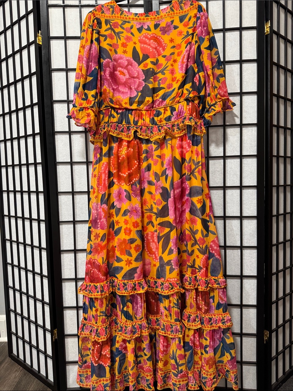 FARM Rio Ruffled Floral Print Georgette Maxi Dress Marigold XL NWOT - Picture 14 of 16